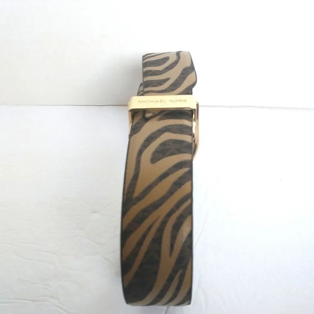 New! MICHAEL KORS Reversible Leather Belt Zebra Print Gold-tone Logo Buckle SM
